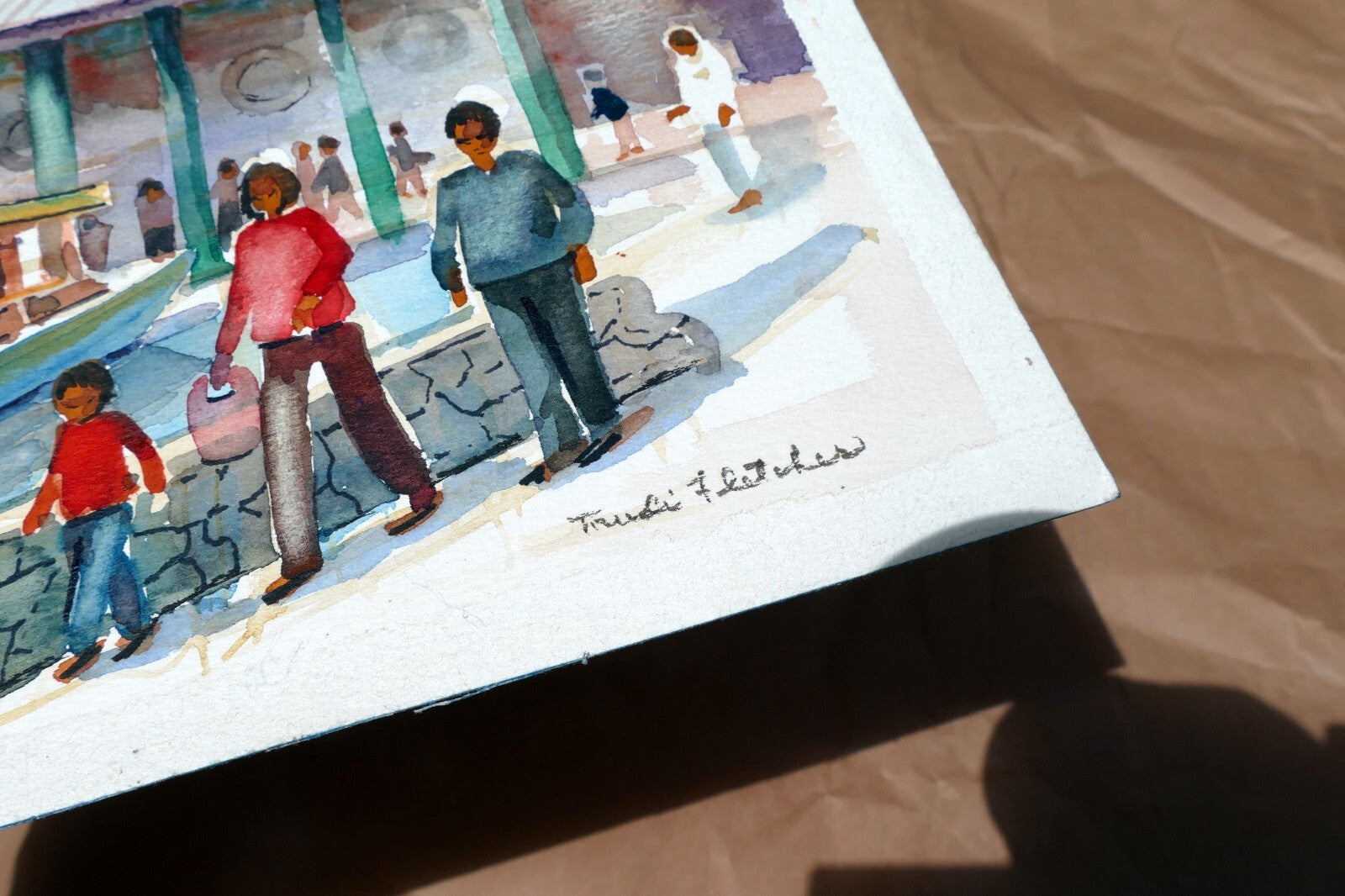 Beach people walking Watercolor by Freddie Fletcher  signed unframed 9X12"