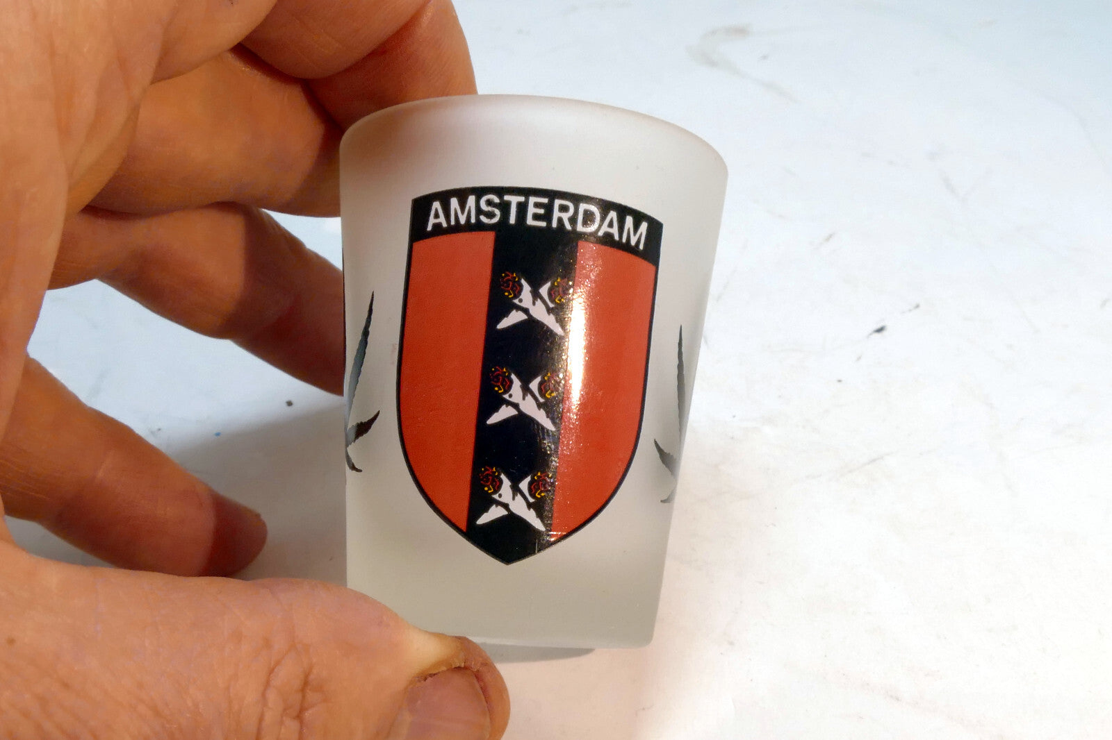 Vintage Amsterdam Shot Frosted Glass 1.5 oz with marihuana leath
