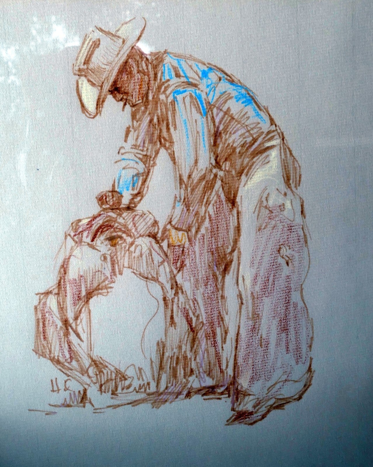 Mixed media colored pencil vaquero cowboy hc unsigned 1960's