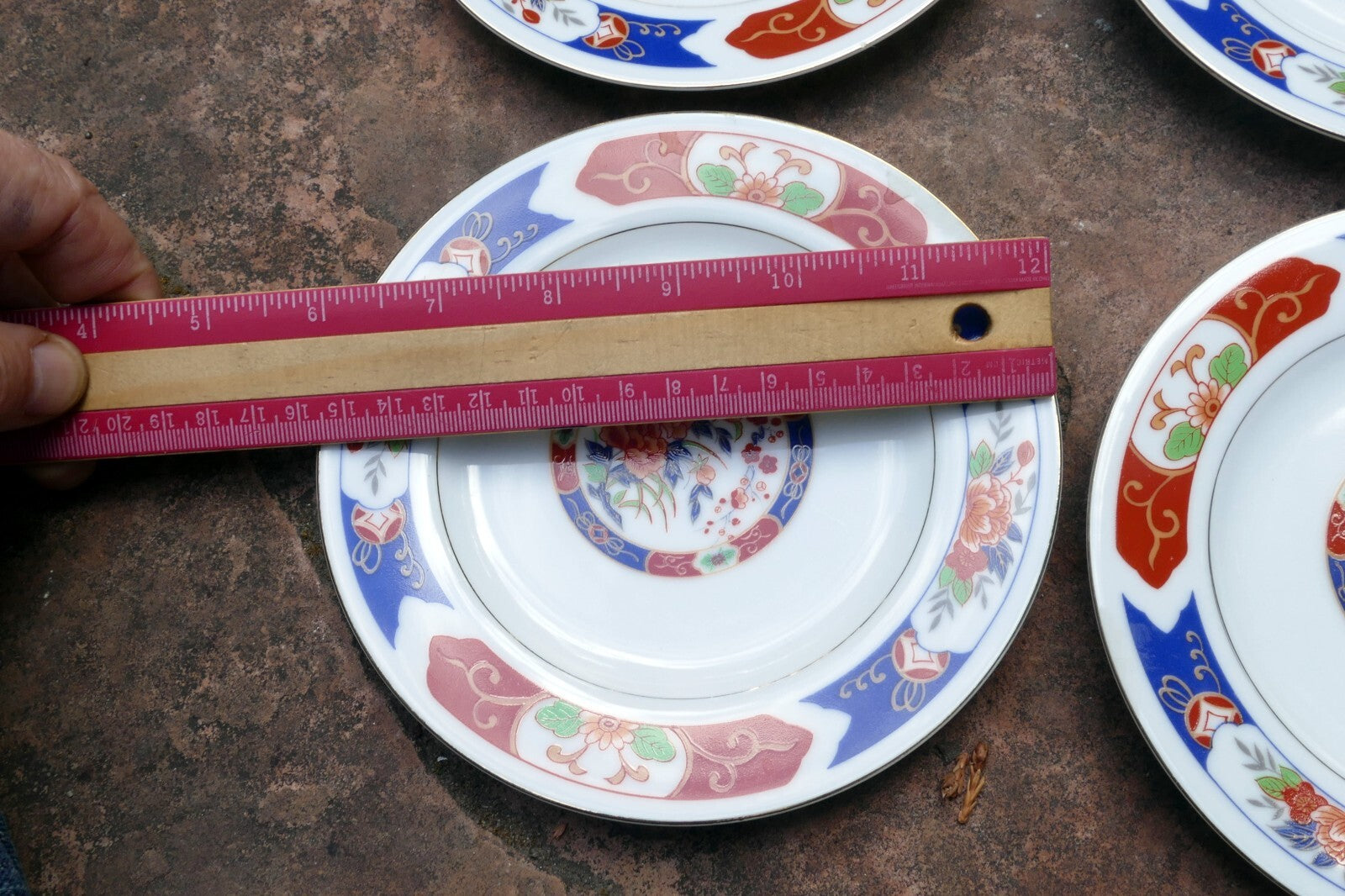 7 TTC China 6.2" Round Desert Plate Gold trim TTN1 Red-Blue Floral made in Japan