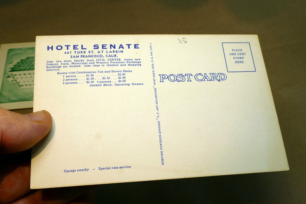Unposted Postcard lot from 1940's Maurice Western Hotel - Senate San Francisco