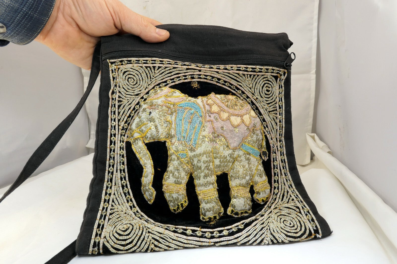 Shoulder Bag Handcrafted Myanmar Sequin Embroidered Tapestry Elephant Antique