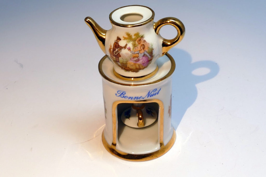 Miniature Limoges France Porcelain Tea Pot Pitcher Candle Warmer  Bonne Nuit