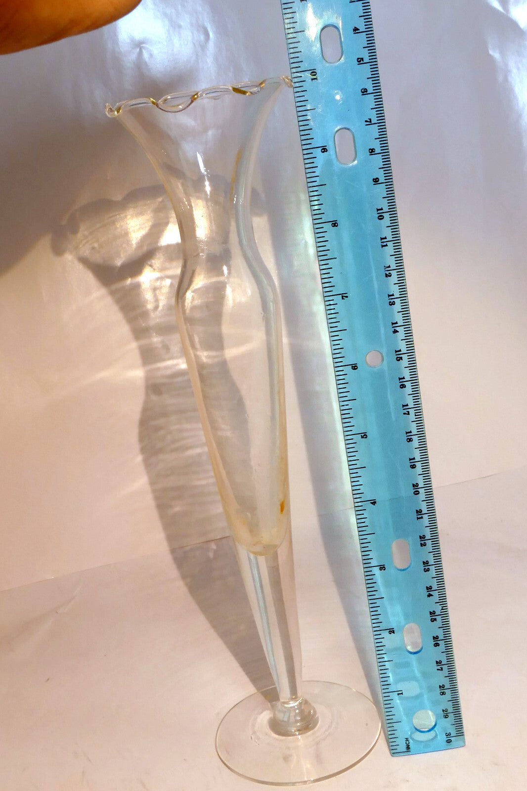 MCM Floral Etched Glass Footed 10" Bud Vase Ruffled Top - vintage