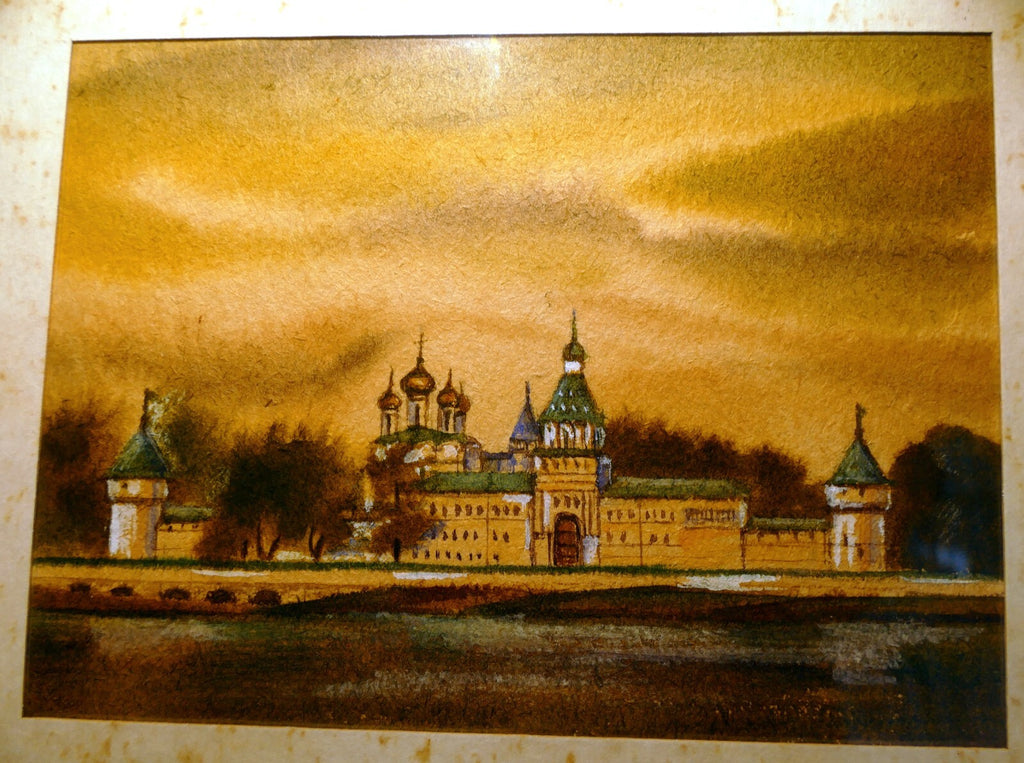 Watercolor russia village byzantine church art framed russia 1990's