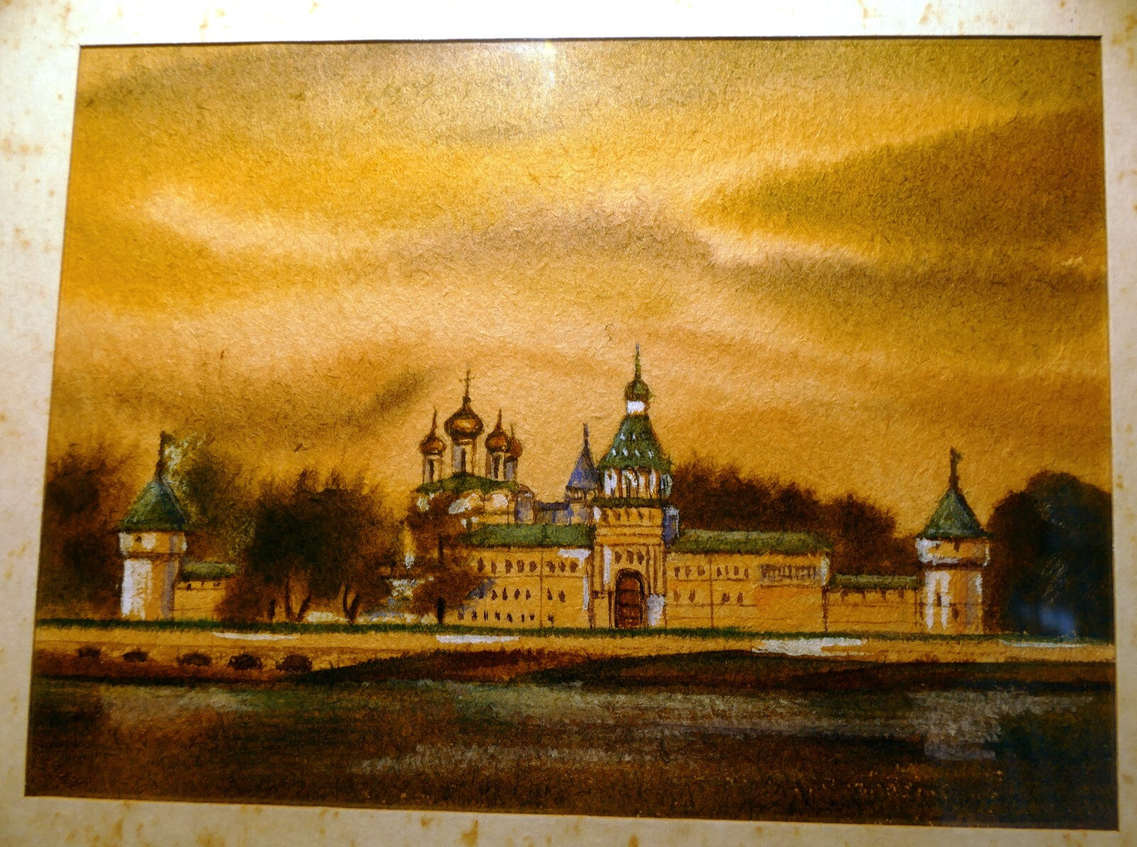 Watercolor russia village byzantine church art framed russia 1990's