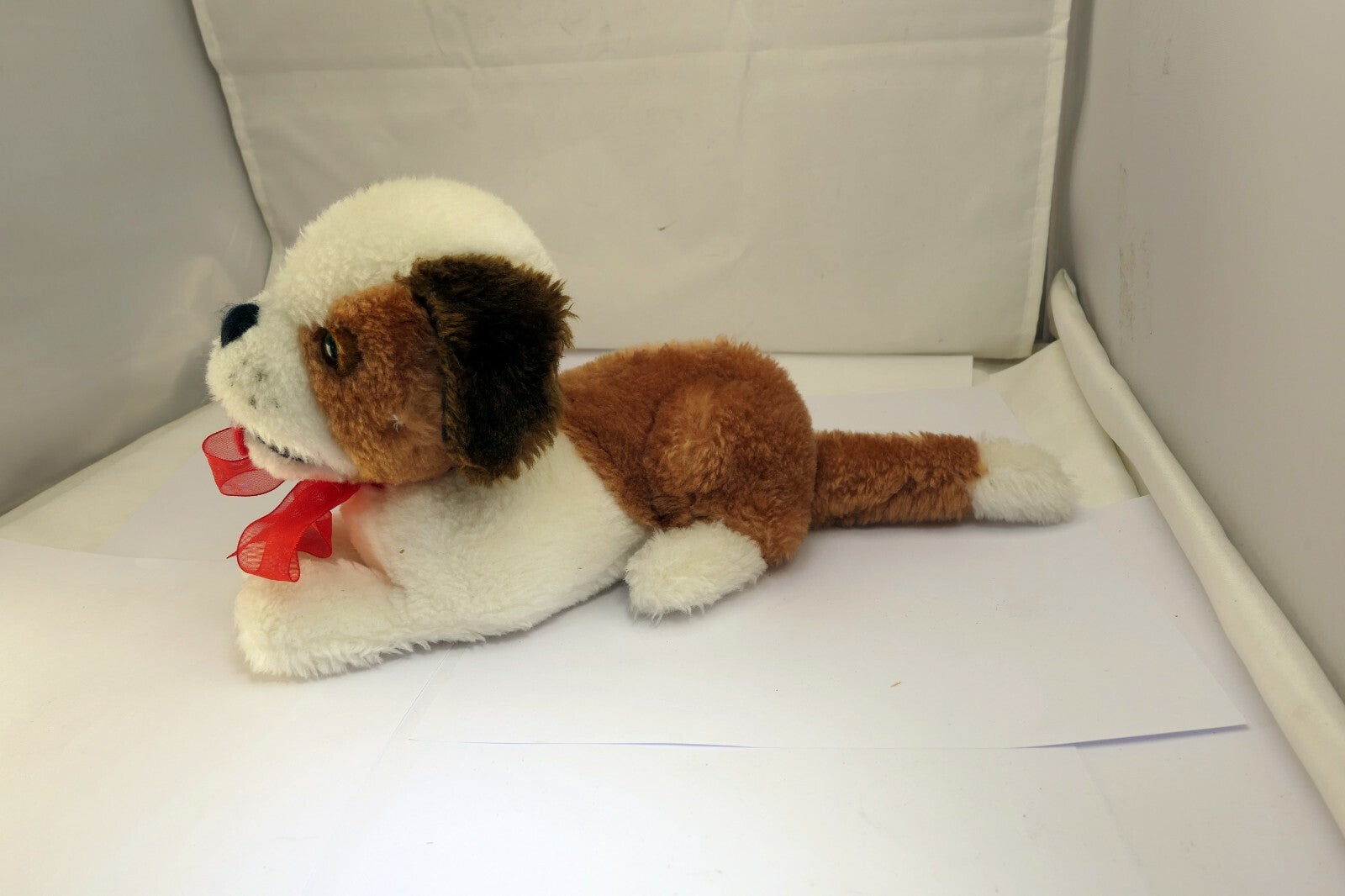 Soft Plush Stuffed Dog 9" brown white red bow vintage Christmas 11"