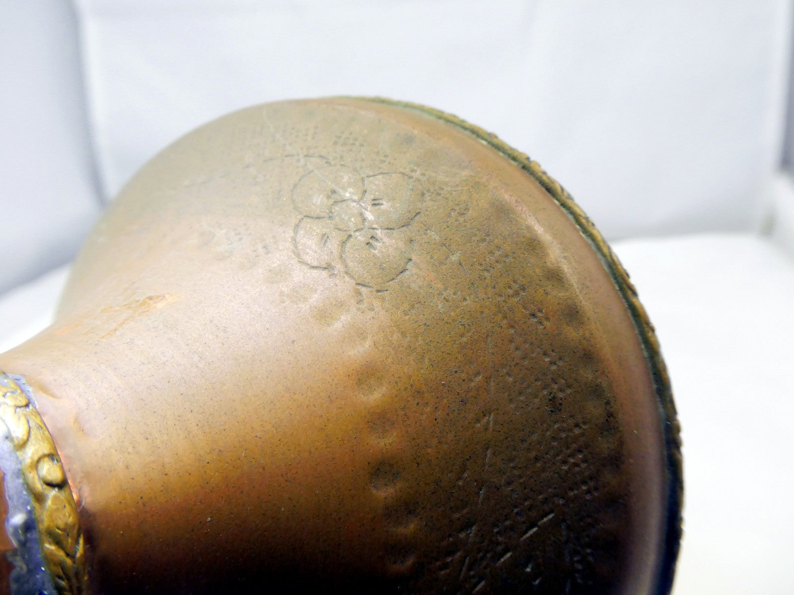 Solid Brass Vase engraved Green Floral design 6" tall east Asian handmade