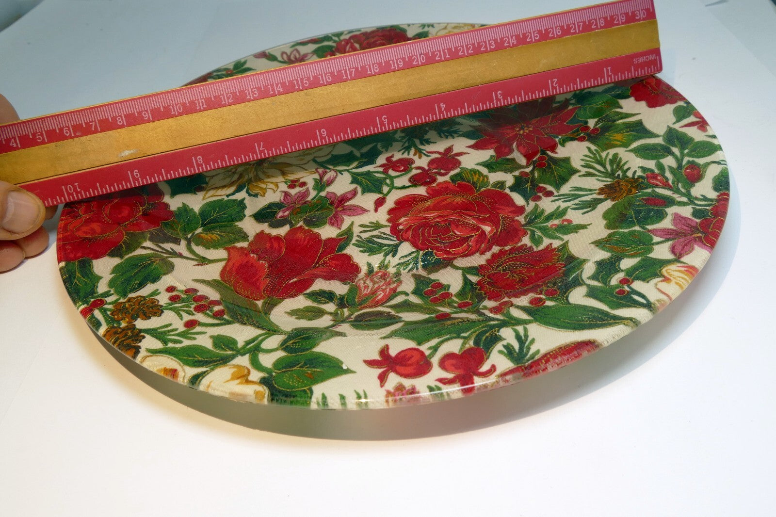 GLASS Plate ANTIQUE FLOWERS GOLD RED 10" Roses red