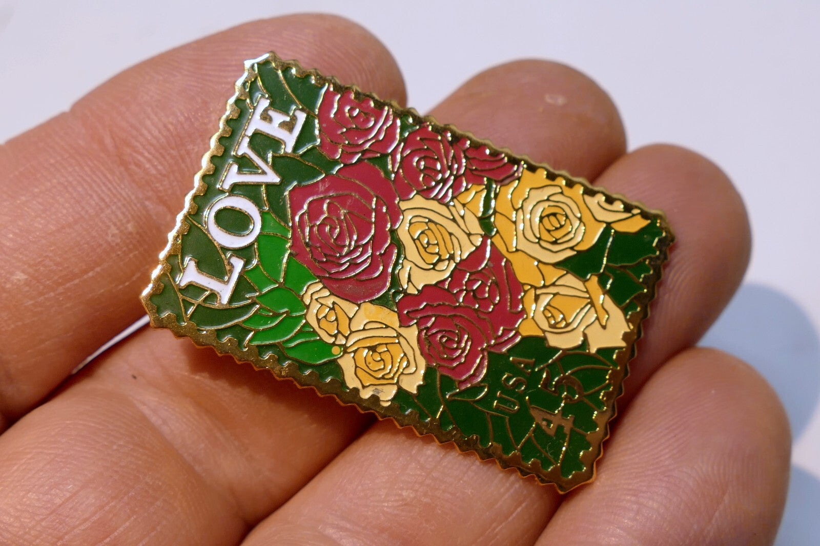 USPS Love Series (Love Birds) 45c US Stamp Collectible Roses Enamel Pin - MINT
