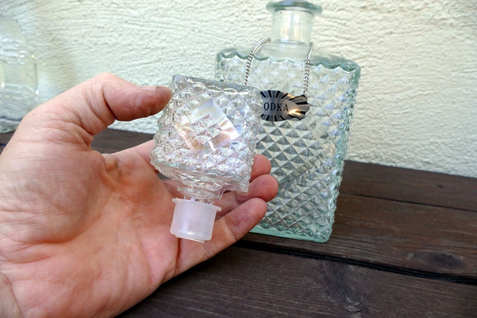 1 Litter Glass Decanter With Stopper 10" tall "Vodka" square
