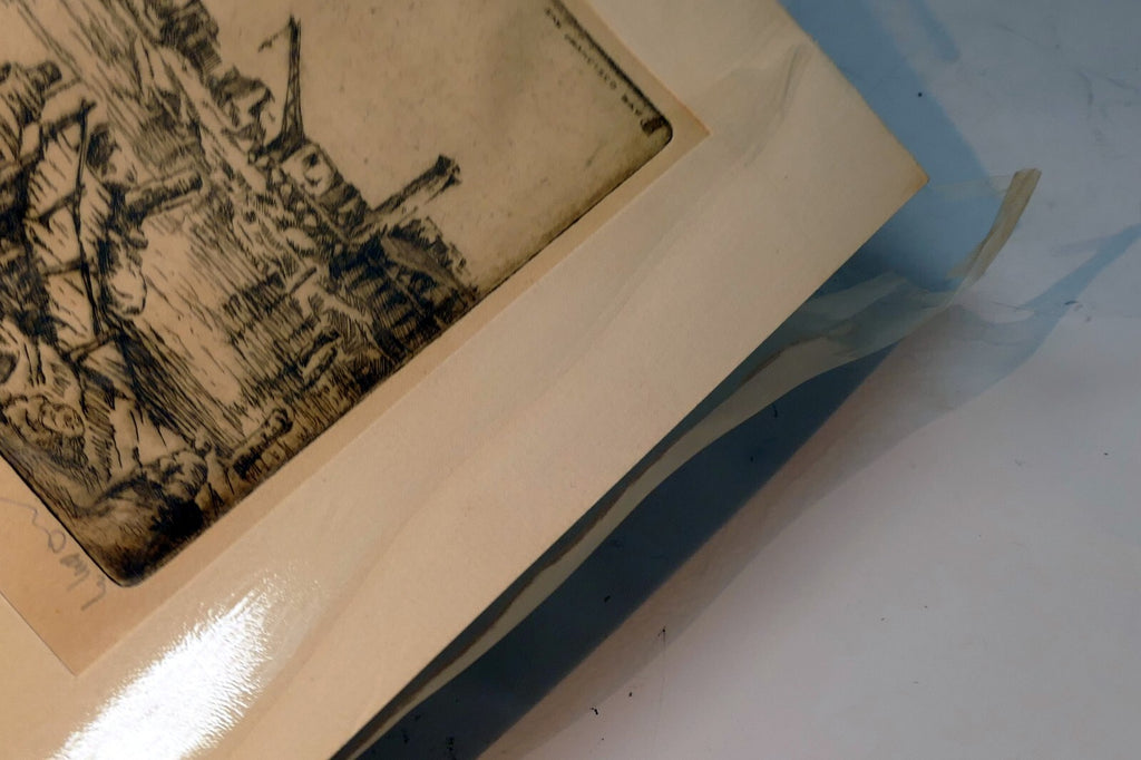 " San Francisco Bay"  Hand Signed Etching 19th century fisherman's wharf 1850's