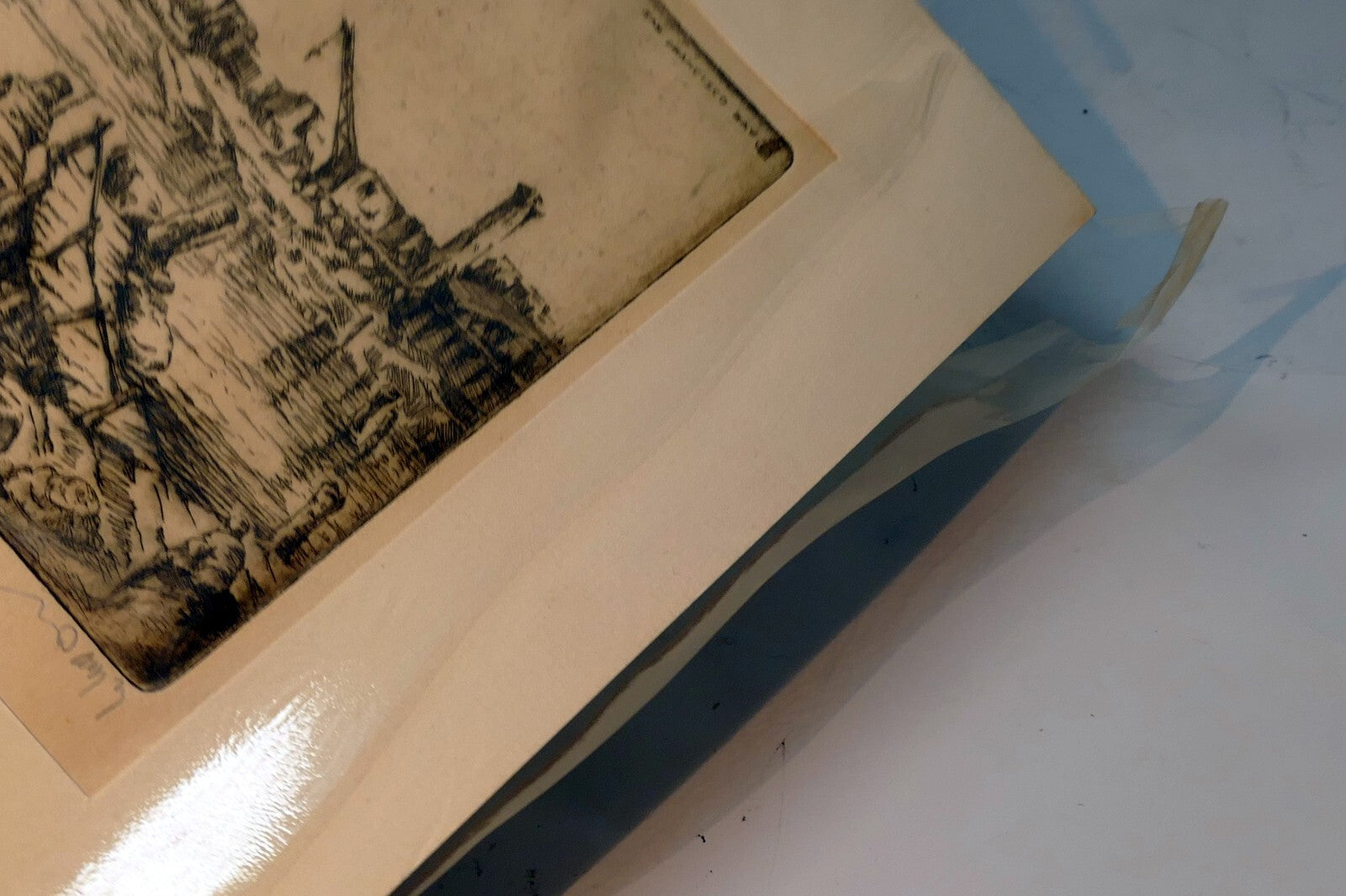 " San Francisco Bay"  Hand Signed Etching 19th century fisherman's wharf 1850's