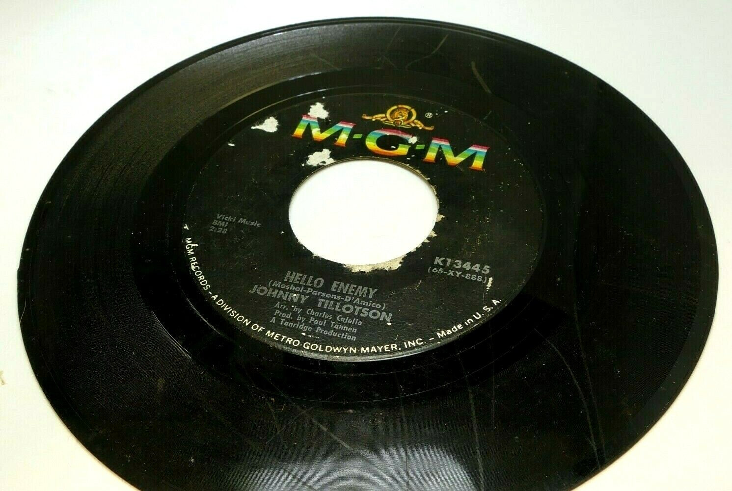 Johnny tillotson record 45 rpm vinyl hello enemy i never loved you anyway mgm   as is