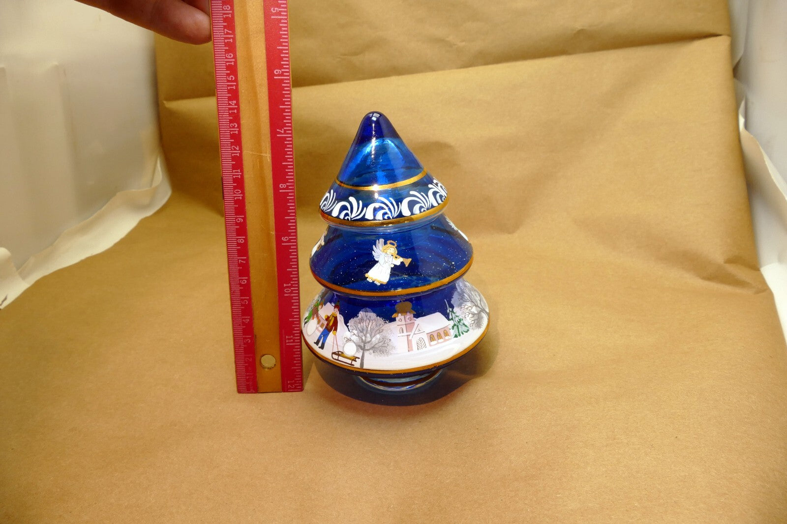5" Hand Blown Glass Christmas Scene trinket box painted blue