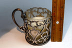 Small Metal Footed Votive Candle Holder with heart Handles floral design  2.5"