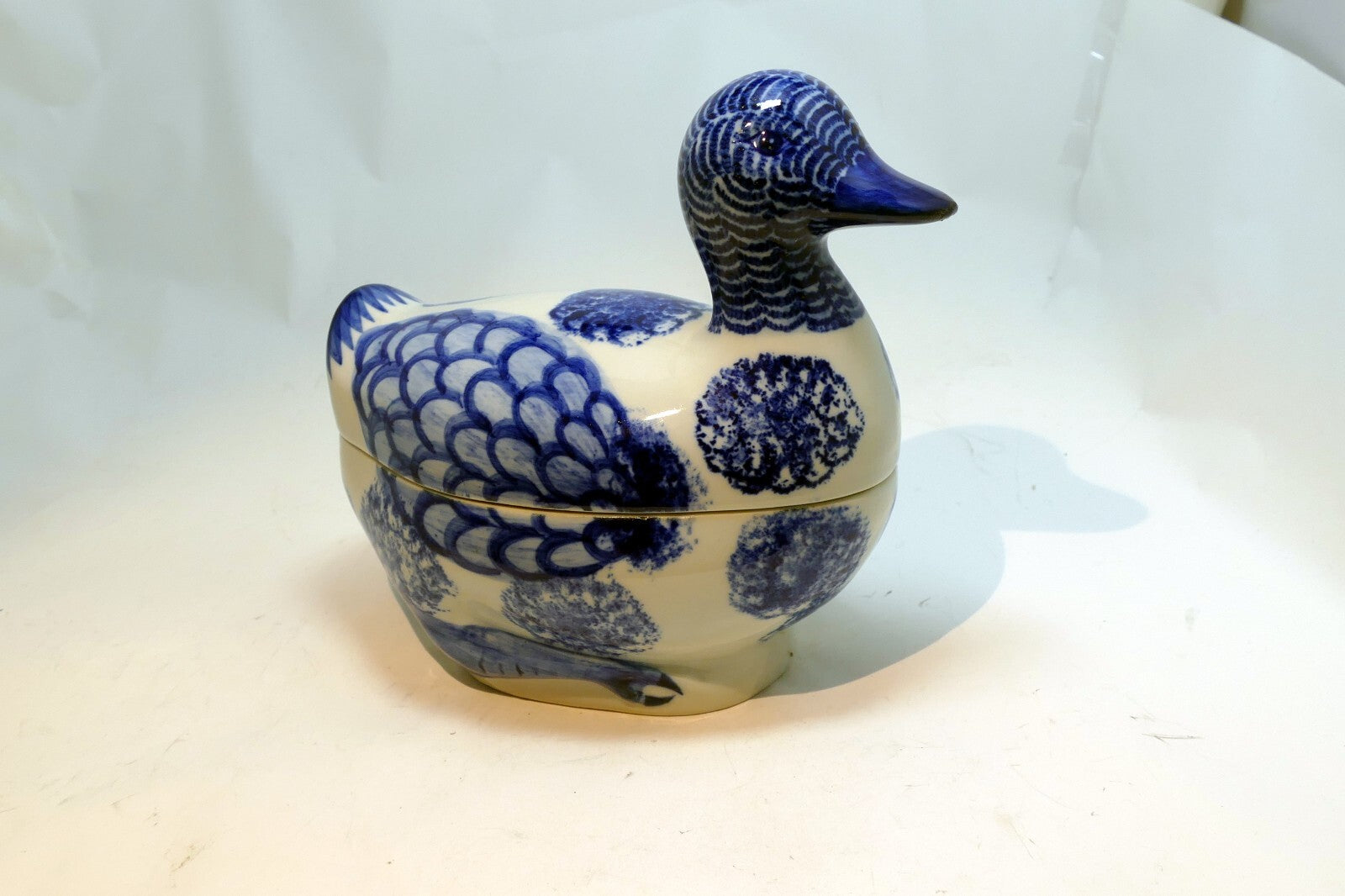 Vintage Ceramic Duck Goose Hand Painted Blue & White Trinket Box 6X4"