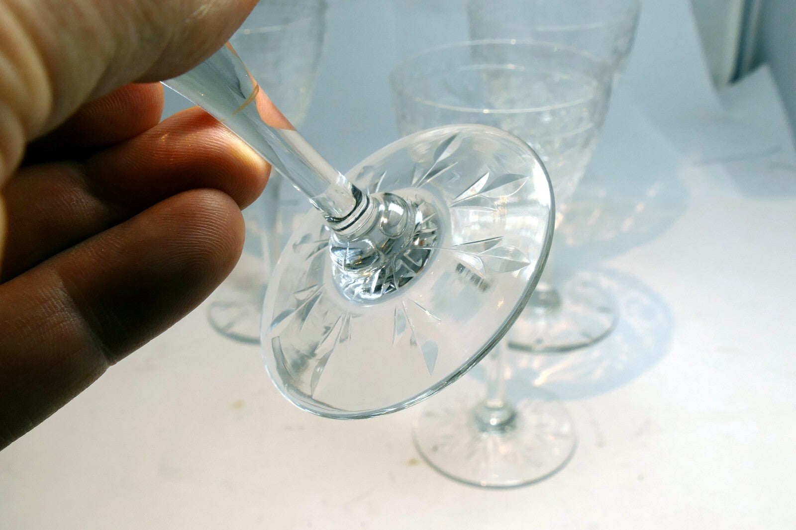 QUEEN'S Anne Lace Bohemian Wine Stem Glass Clear Cut Etched set of 4 Goblets
