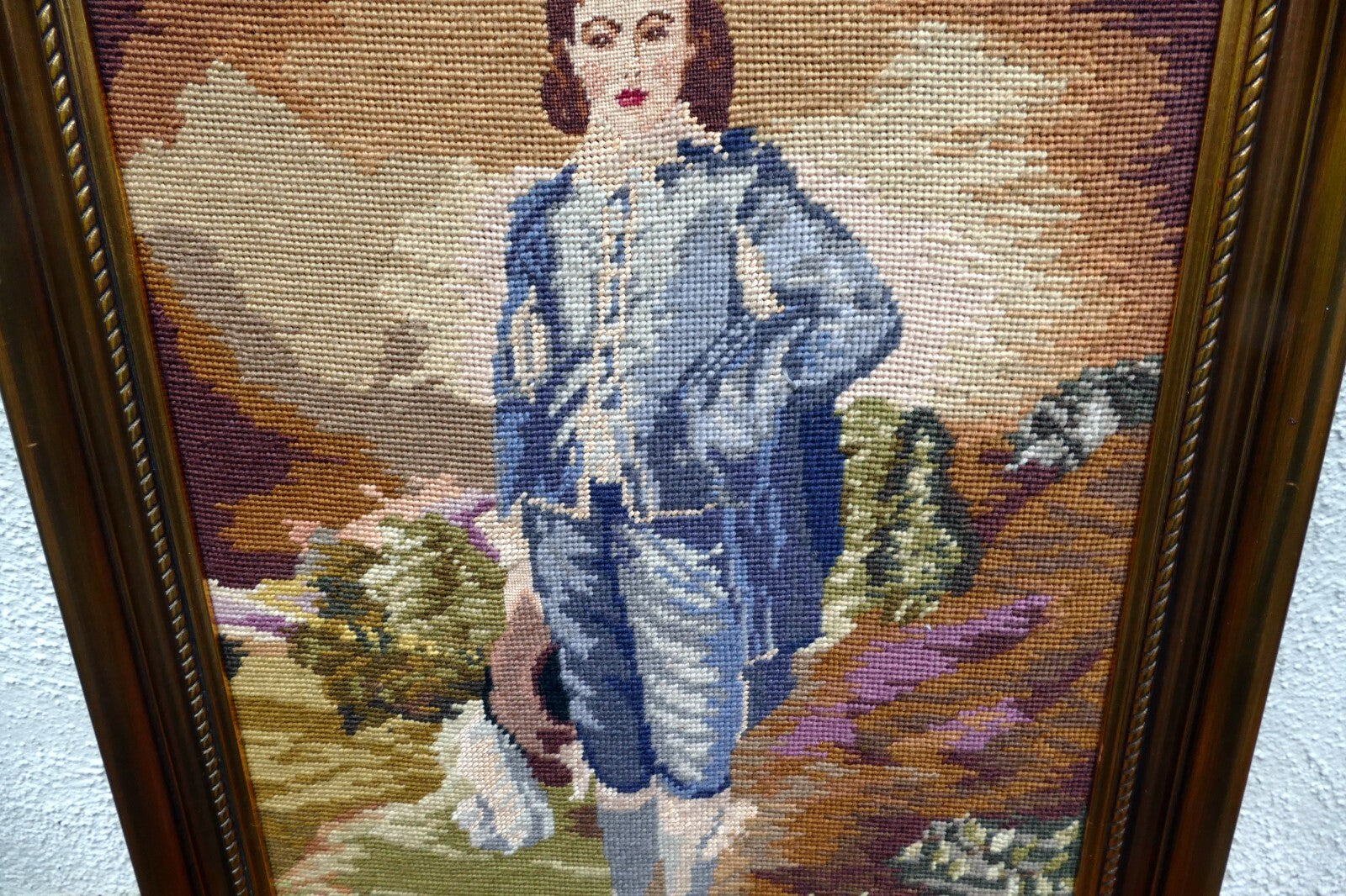 Needlepoint Thomas Gainsborough BLUE BOY Framed Wall Art ~ 24X16" large