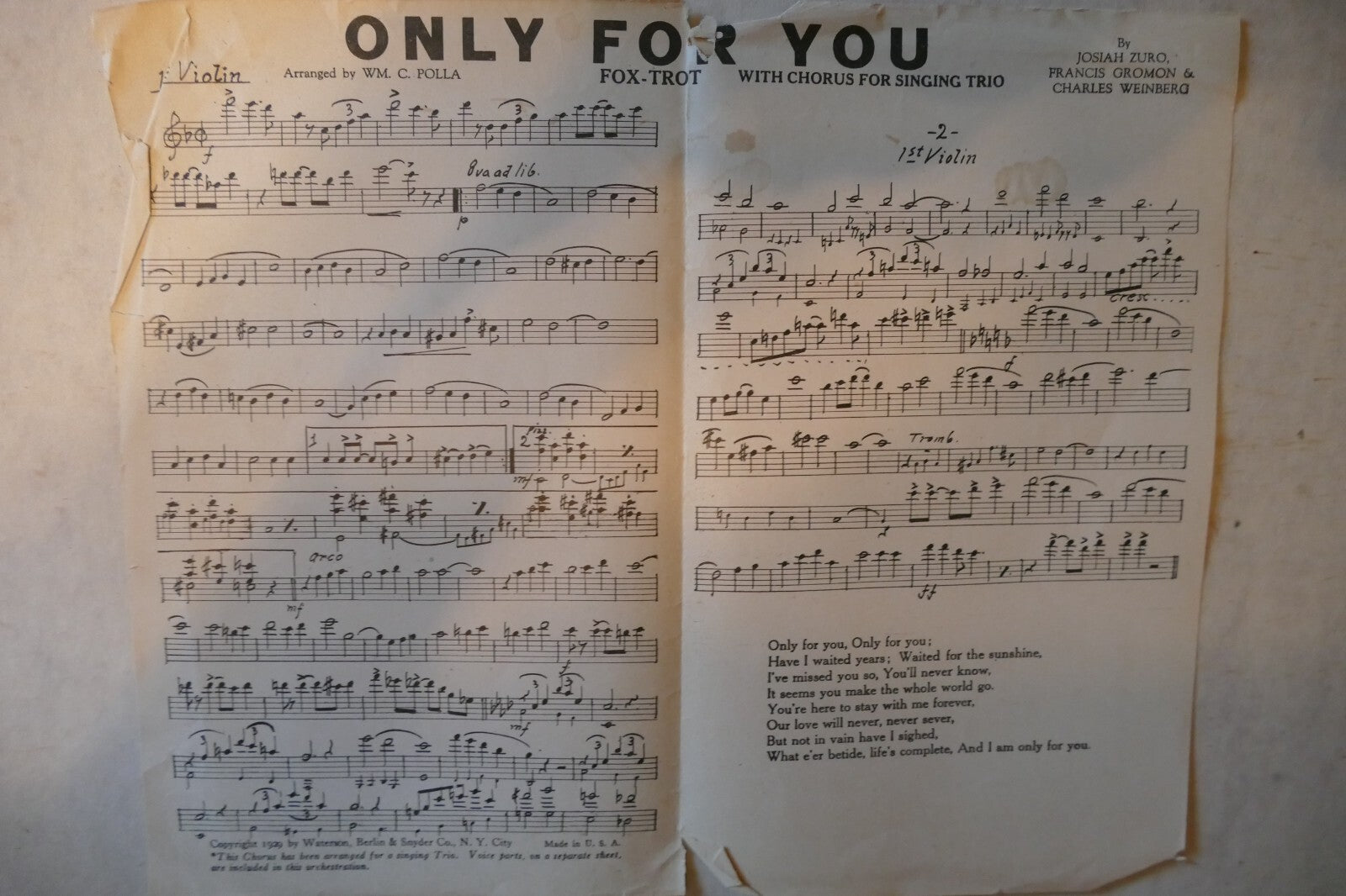 Only for you fox trot, sheet music 1929, by josiah zuro, francis gromon and charles weinberg