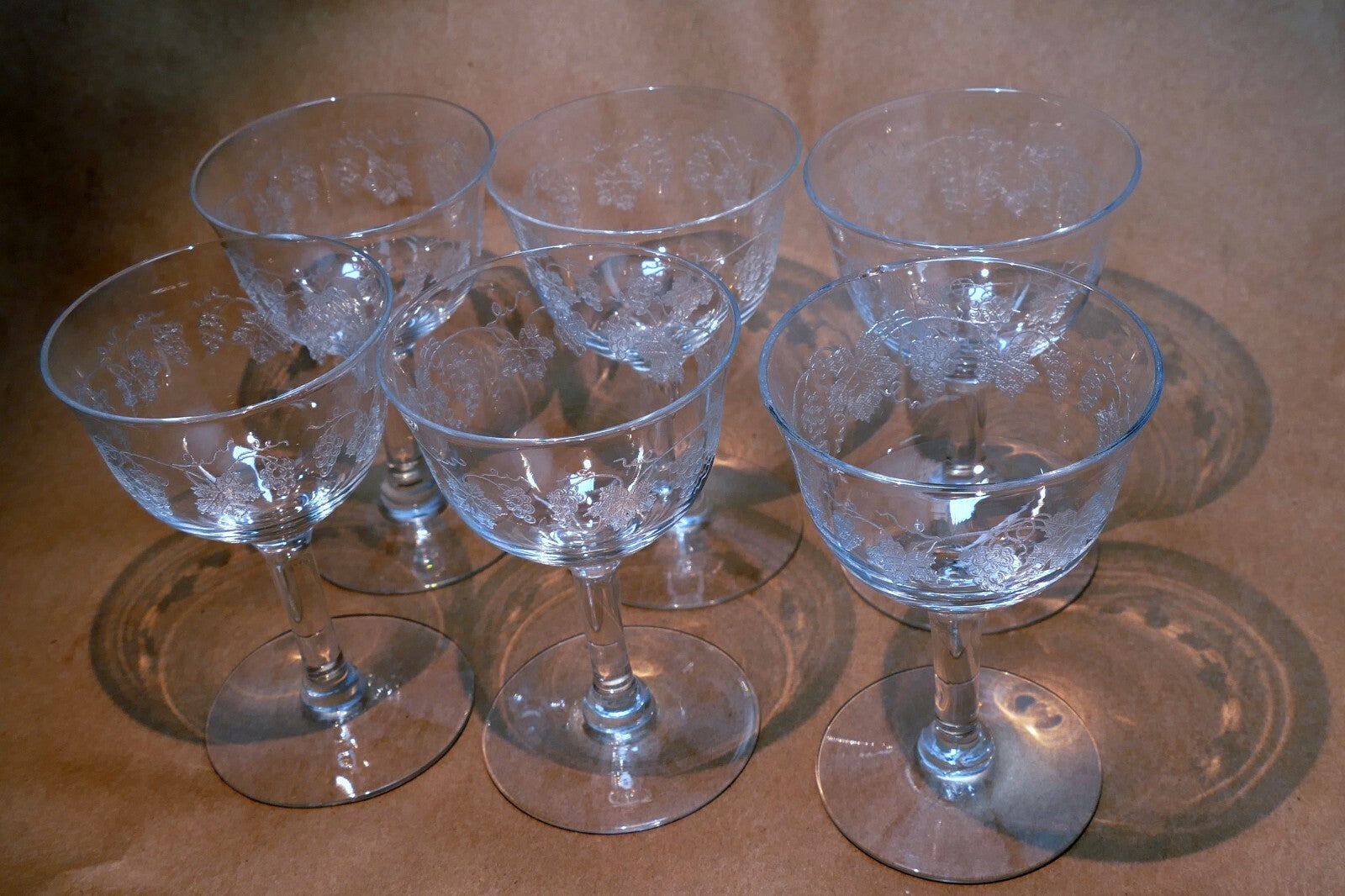 Cambridge Grape Cordial Etched / Crème De Menthe Glasses  - Set of 6 Lot Wine