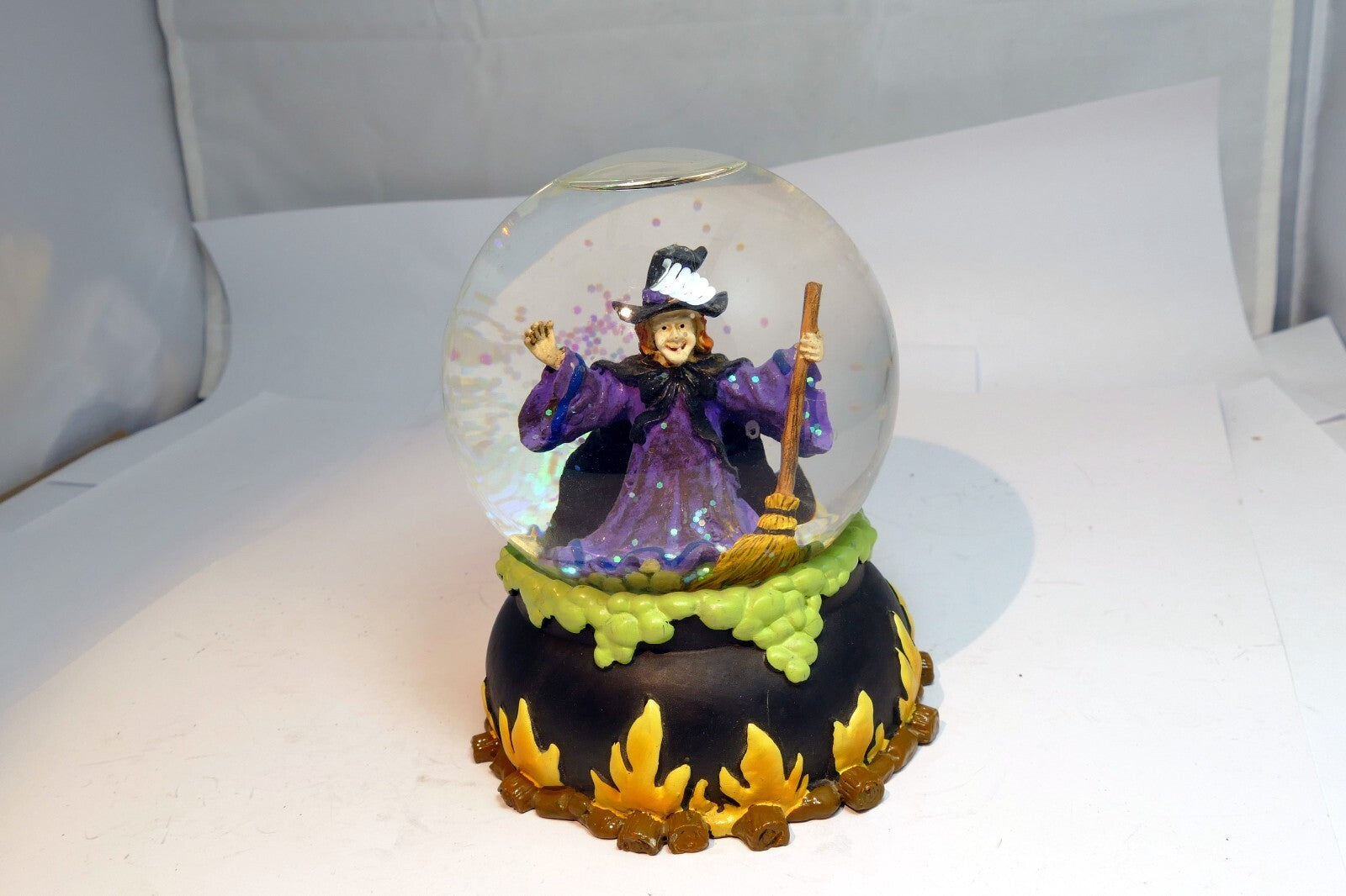 Halloween Snow Water Globe  Ball 3" Witch burning on fire with bats broom