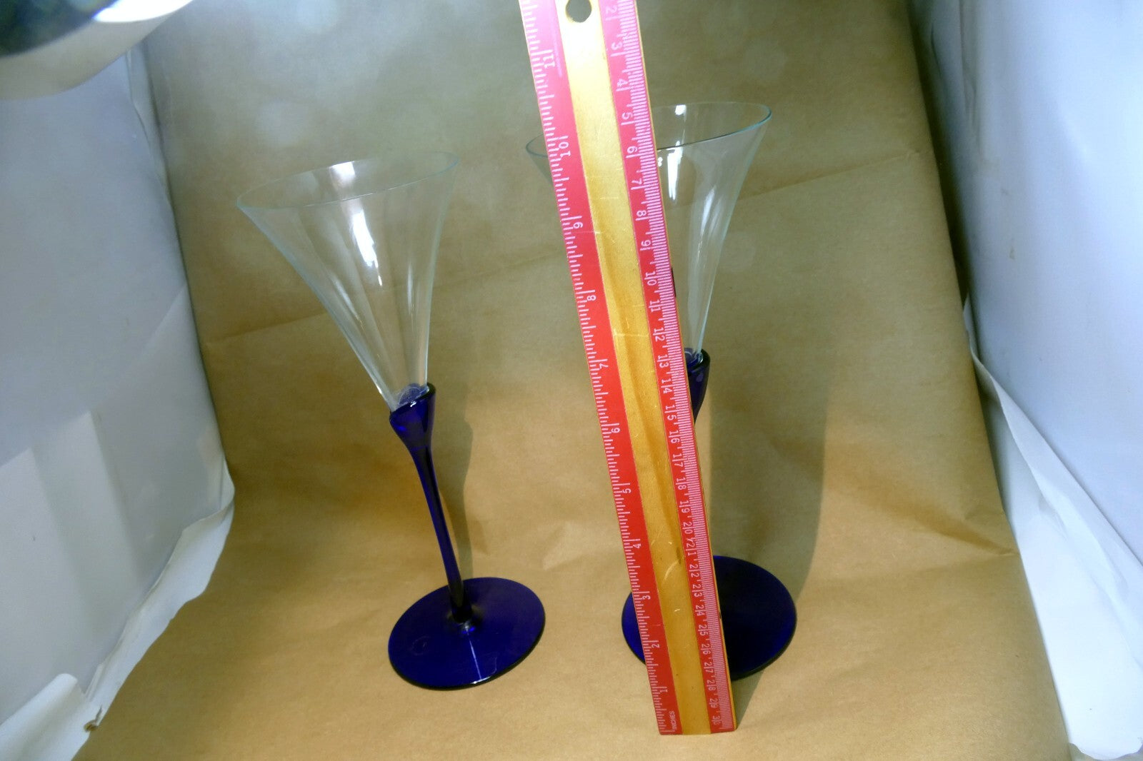 2 COLONY Glasses Flutes Wine Champagne Amaryllis Stem Cobalt Blue 9.6" tall set