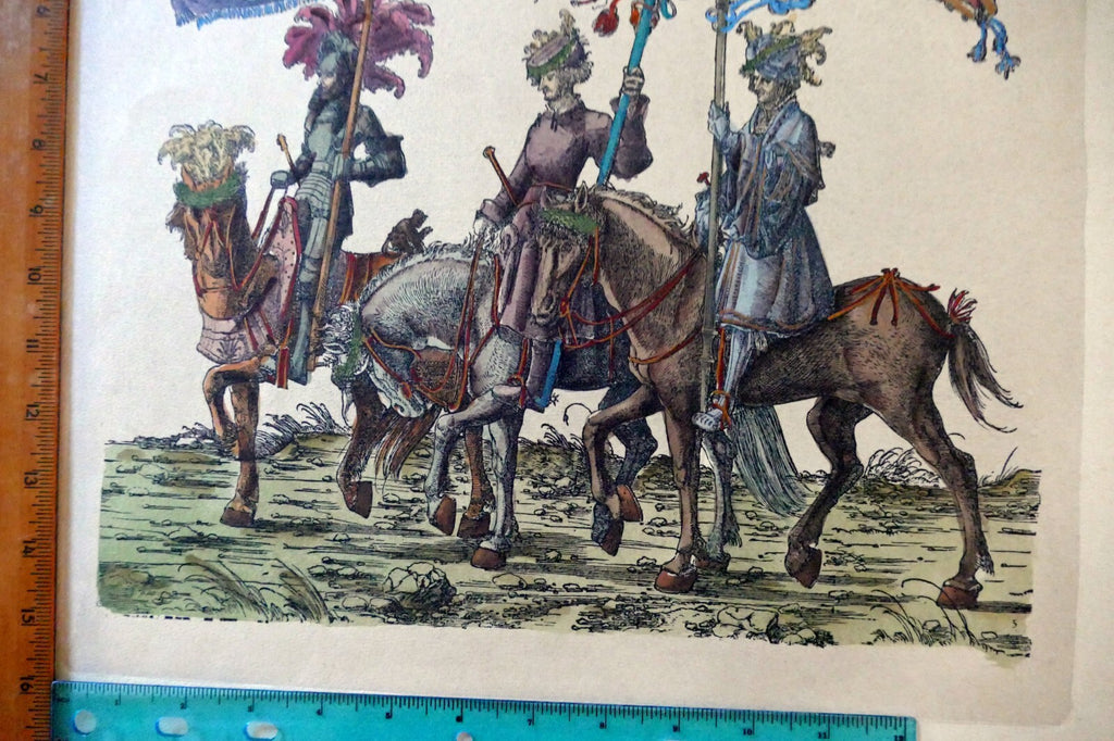KNIGHT Flag Bearer HAND COLORED ENGRAVING large 21X24"