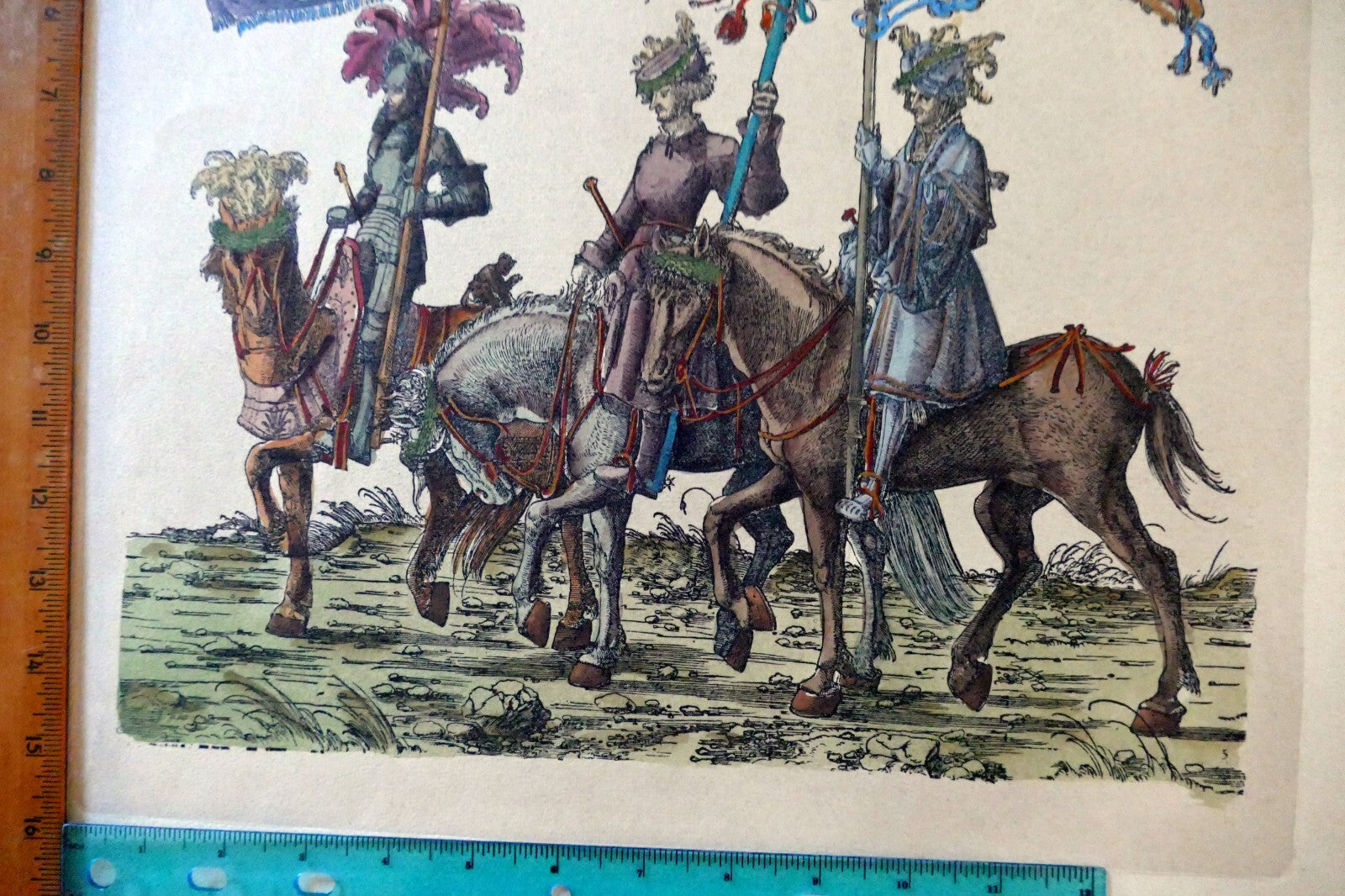 KNIGHT Flag Bearer HAND COLORED ENGRAVING large 21X24"
