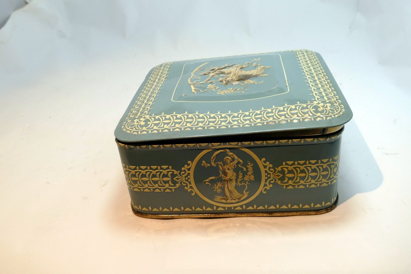 Wedgewood-Style Candy Tin Made in Holland blue teal white  girl with cherubs
