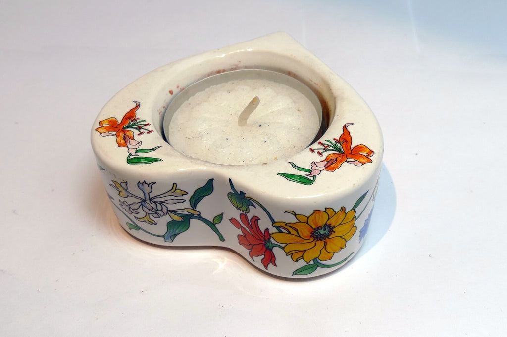 USED Tealight Candle holder with Lily Floral design HEART Shaped