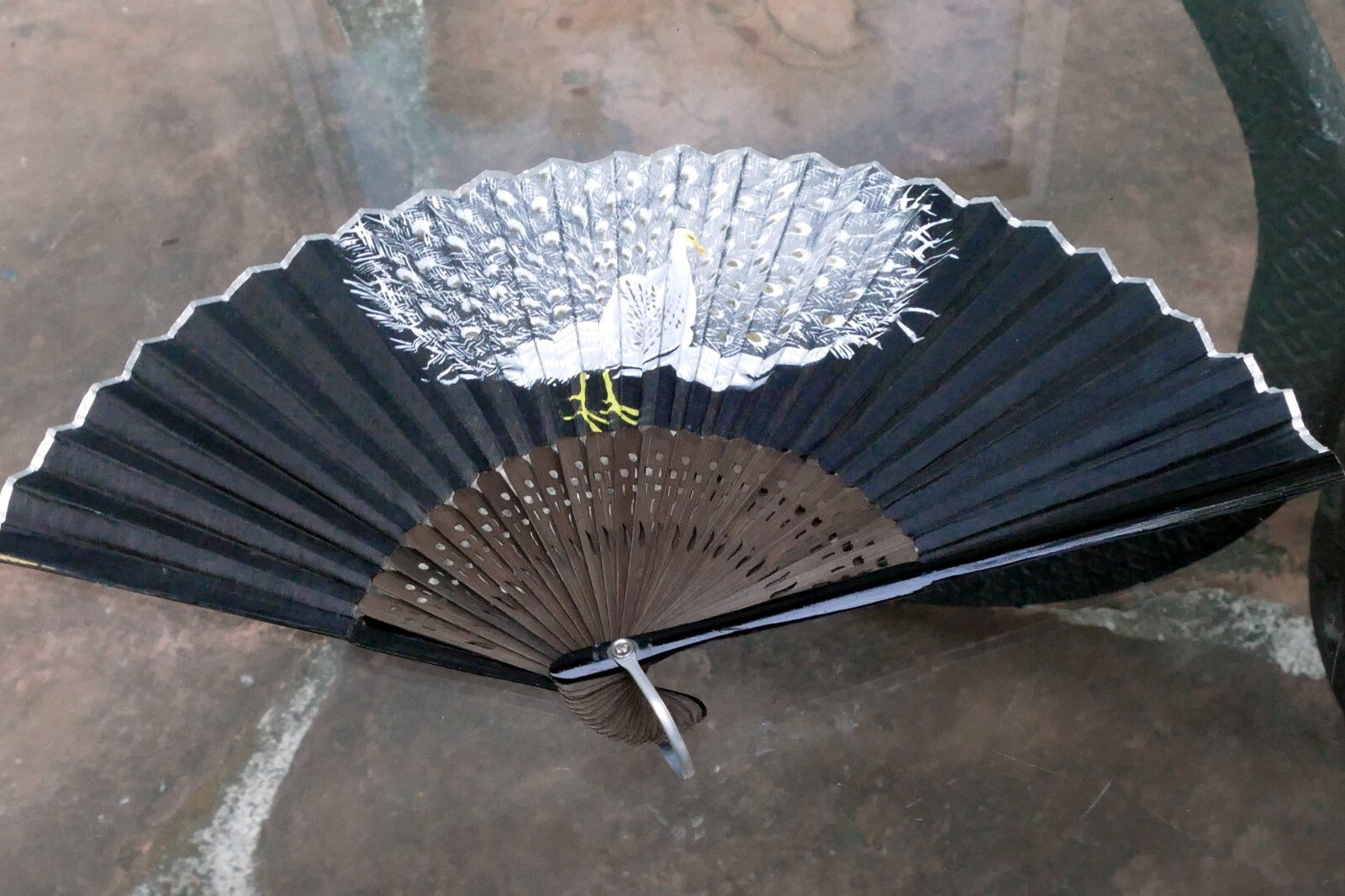 Japanese Hand FOLDING FAN, Peacock Bird Bamboo Black and White 12"