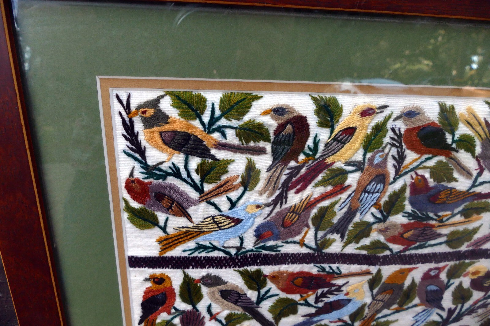 Large Bird Finch Cardinal Cross Stitch Needle Point Folk Art 15X15" Framed