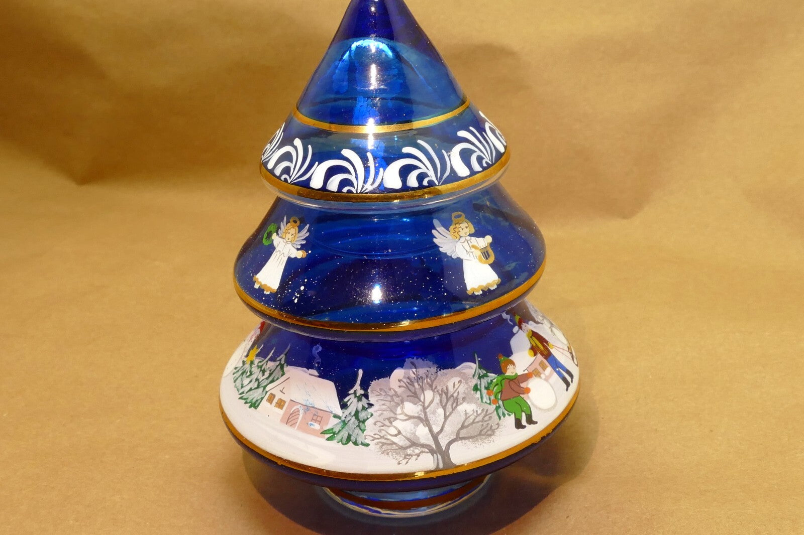 5" Hand Blown Glass Christmas Scene trinket box painted blue