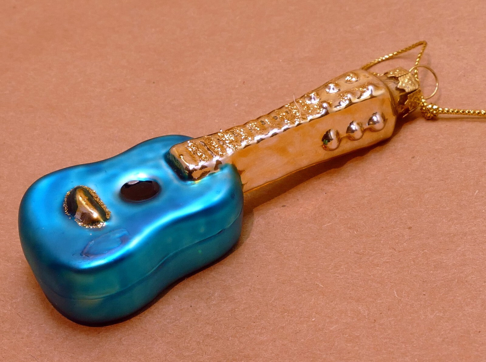 Thomas Pacconi Glass Guitar  Christmas Ornament gold blue music strings  3"