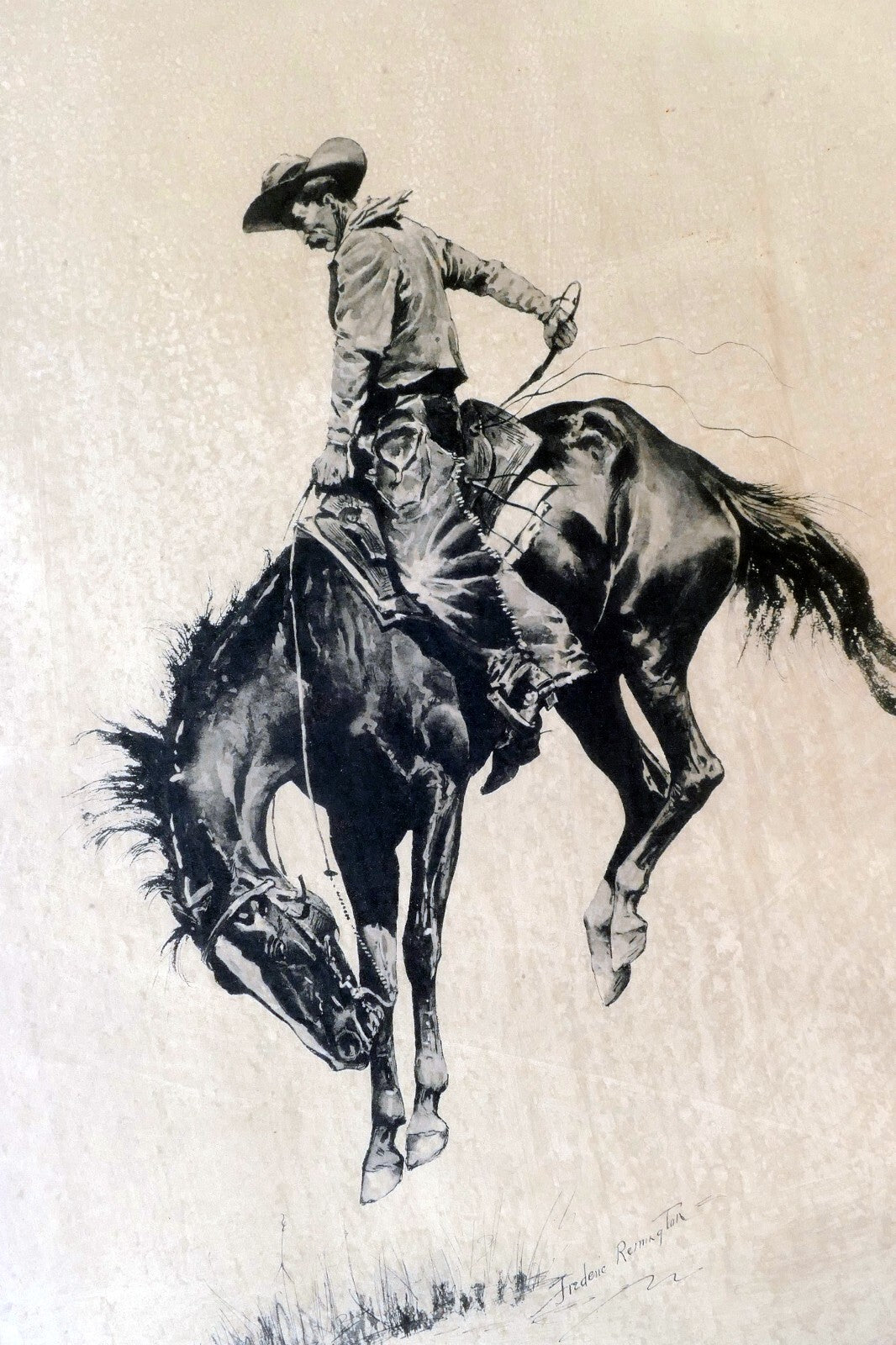 Sunfisher signed frederic remington cowboy on a horse framed 13x17"