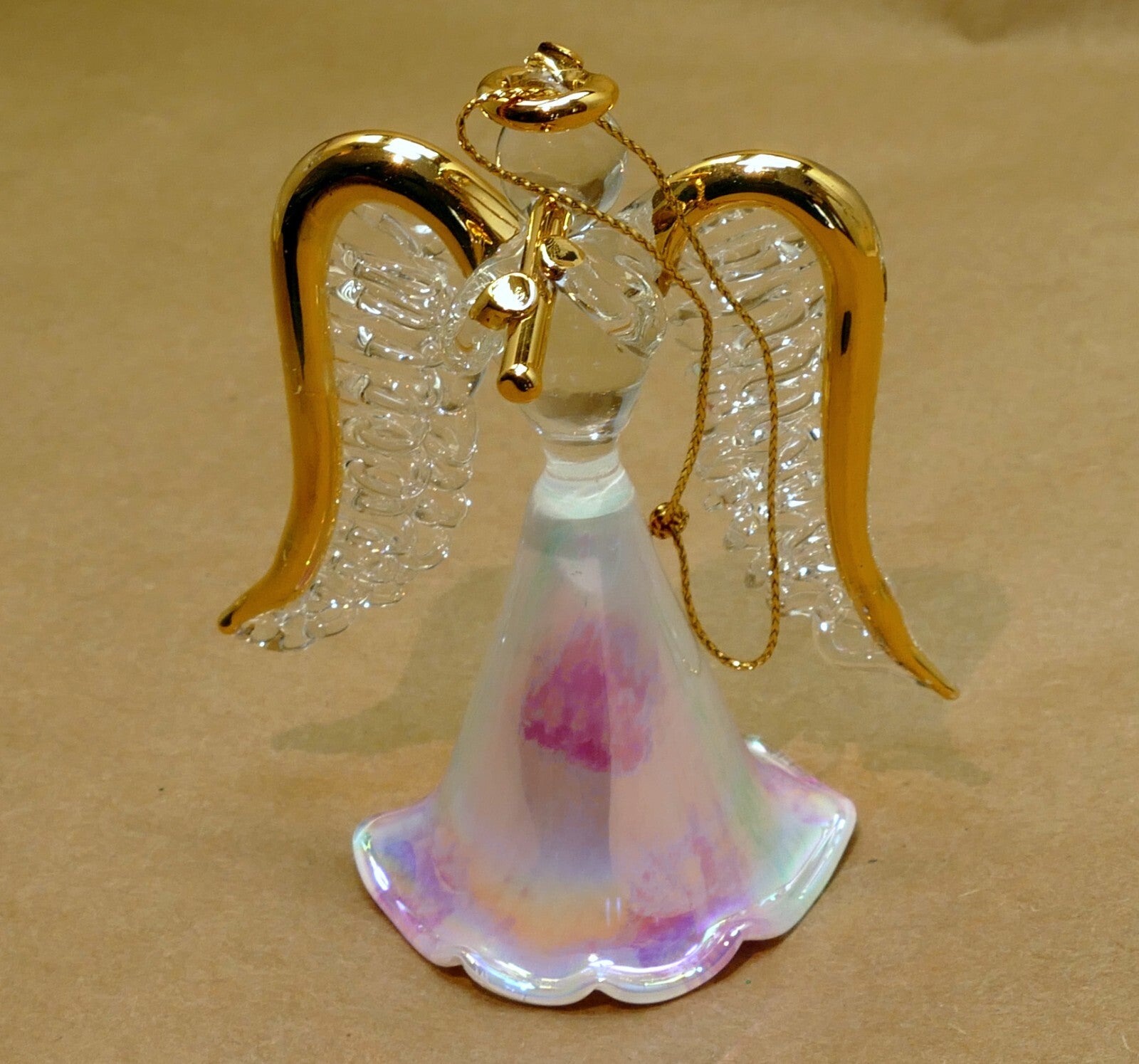 Spun glass crystal christmas ornament angel gold with trumpet