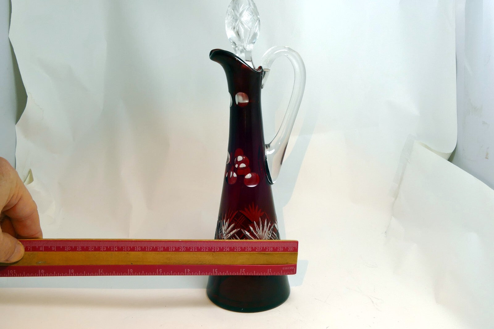 Bohemian Cut-to-Clear Ruby Red Glass Decanter With Faceted Stopper Wine
