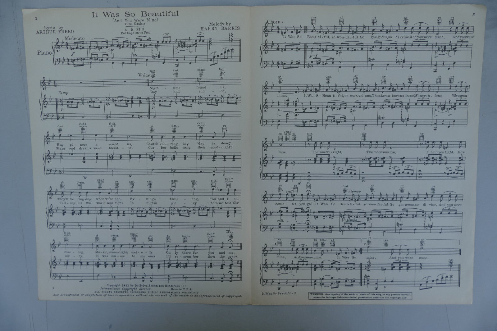 It was so beautiful 1932 by Harry Barris and Arthur Freed Music sheet
