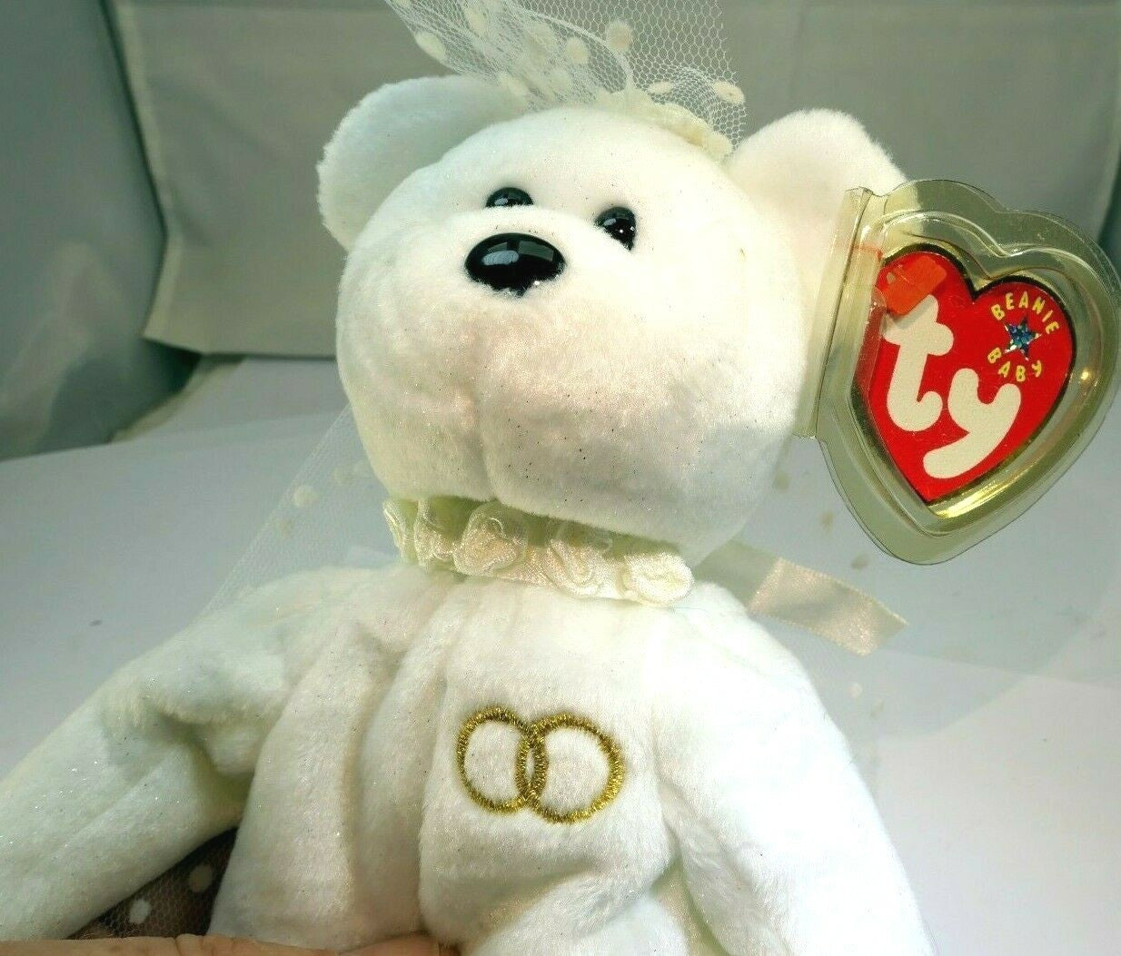 Ty beanie babies "mrs" usa 8" white teddy bear for wedding anniversary bride