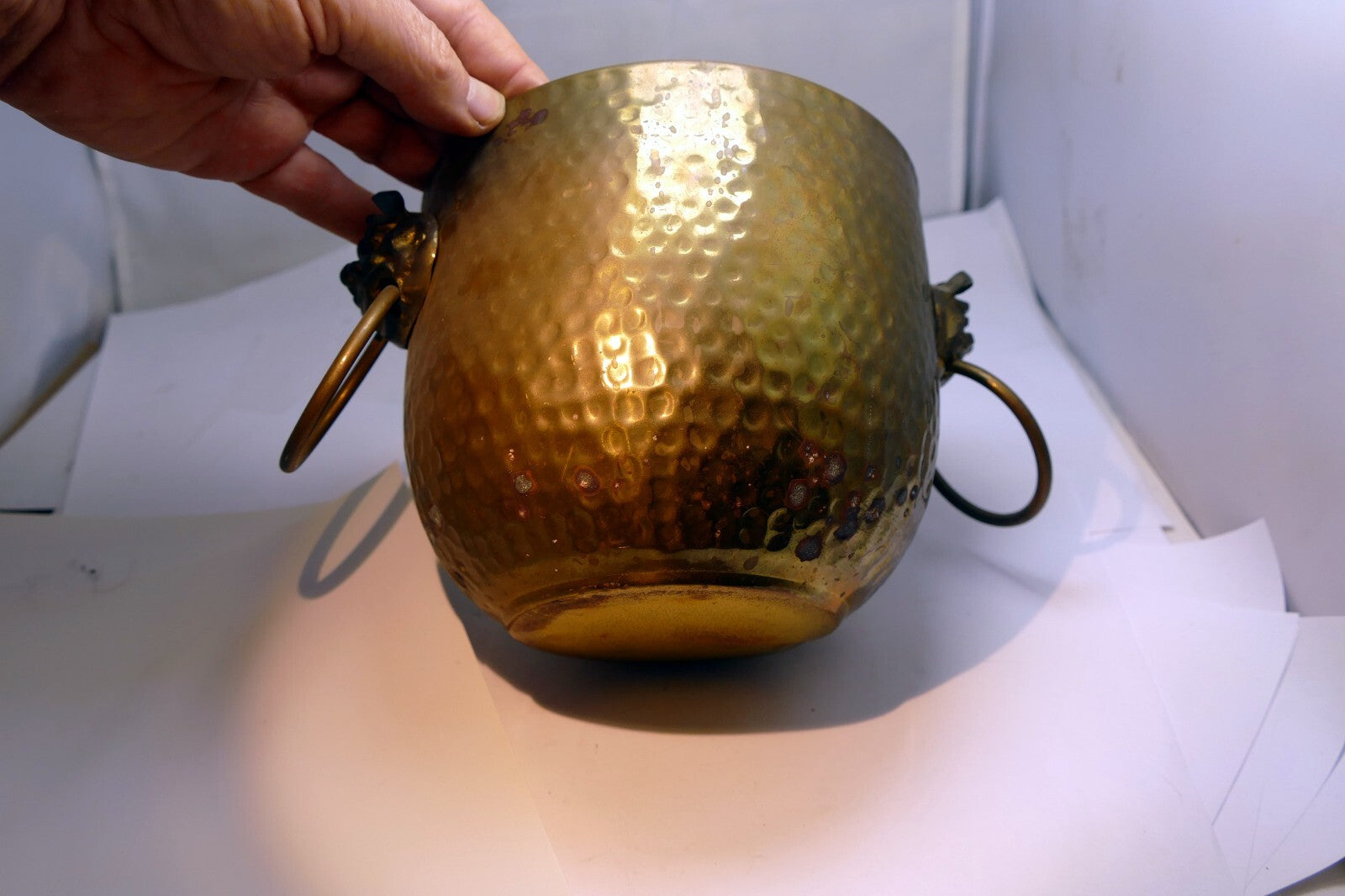 Brass Gold Colored Spittoon Hong Kong Lion 5.5" Hand Hammered Fu Dogs Head