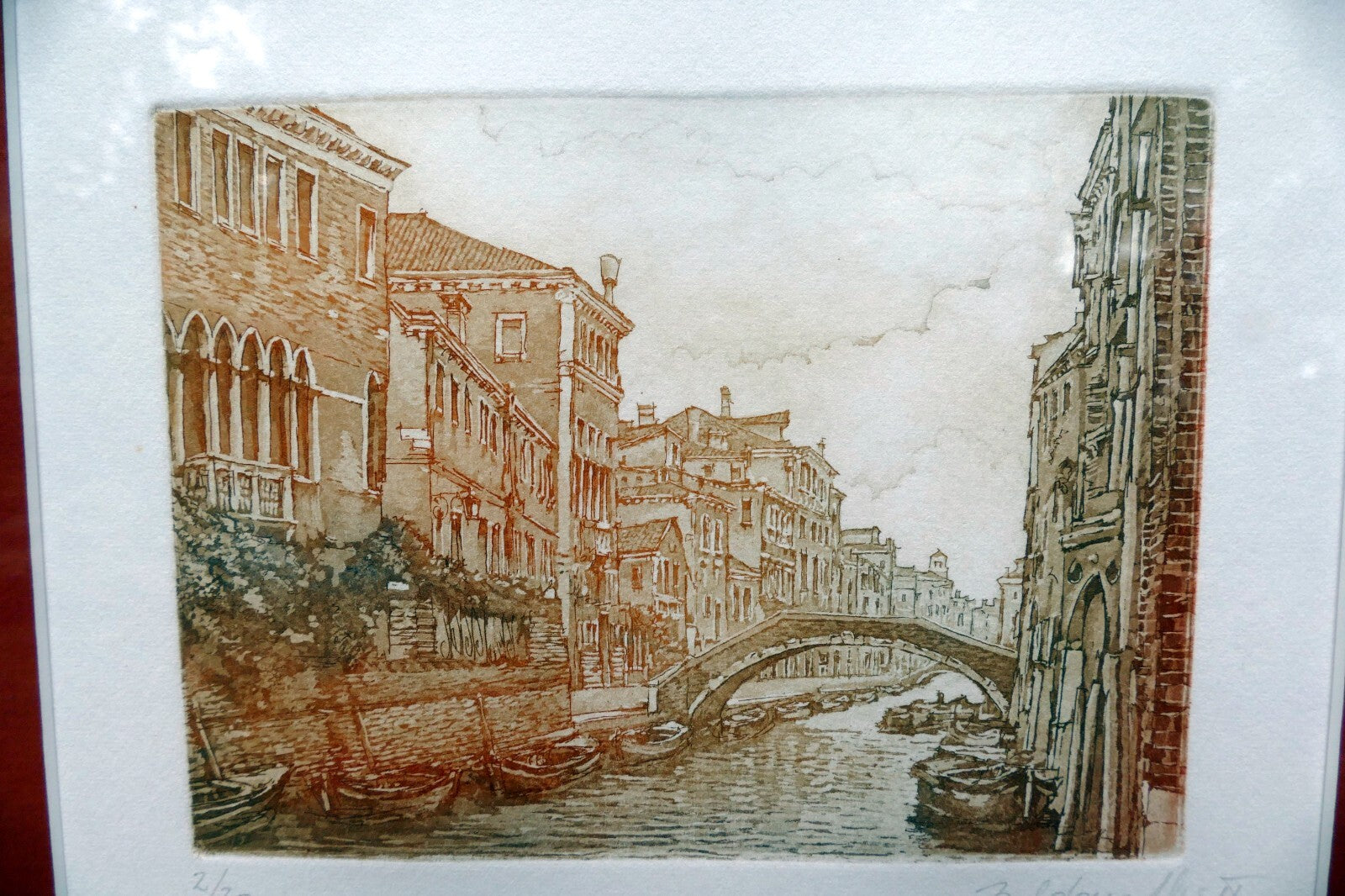 Etching Canal in Venice Pencil Signed matted framed by  B Fe Zaldour