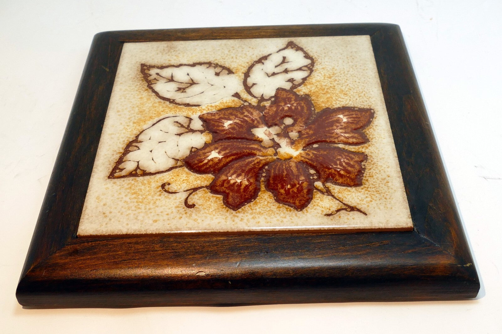 S. marco italy ceramic floral flower tile trivet wood frame rustic