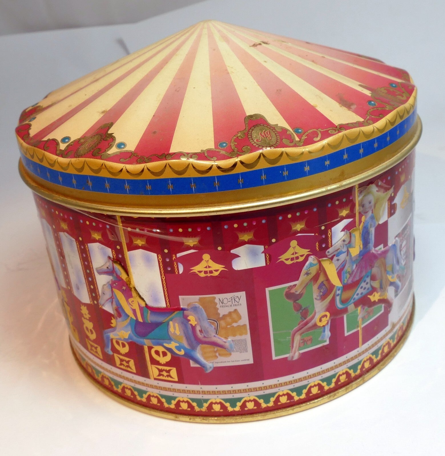 Metal empty tin/container morris national toffee circus carousel girl horse tent