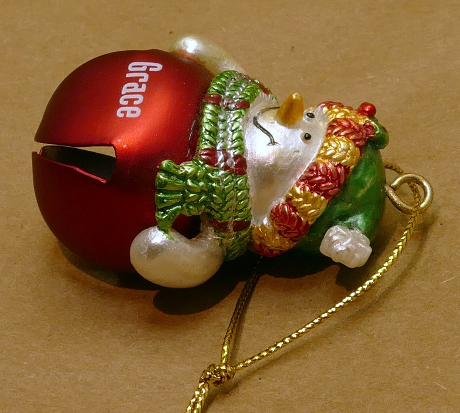 Christmas ornament 2" grace snowman with metal bell