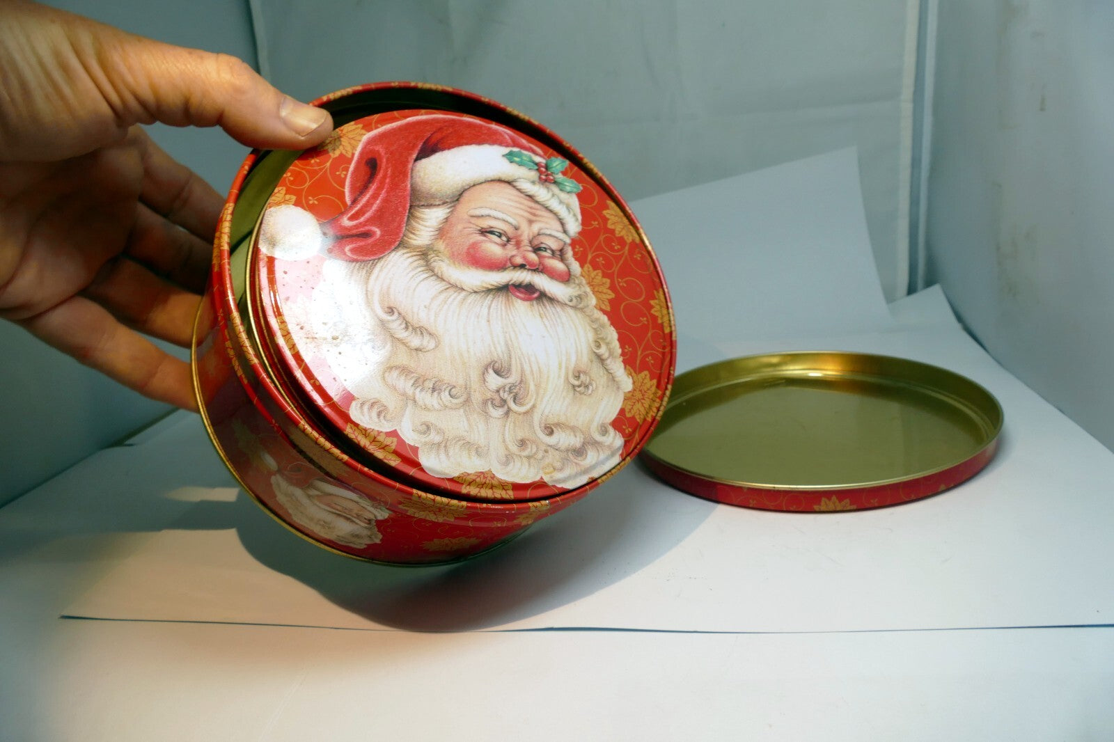 Two pack Cookies Candy Round Tin empty container Christmas eve Santa Claus smile