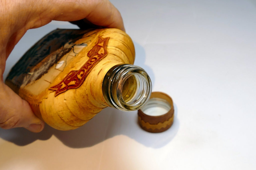Birch Bark Wrapped Tomsk Russia Siberia Glass Bottle Hip Flask Liquor Whiskey