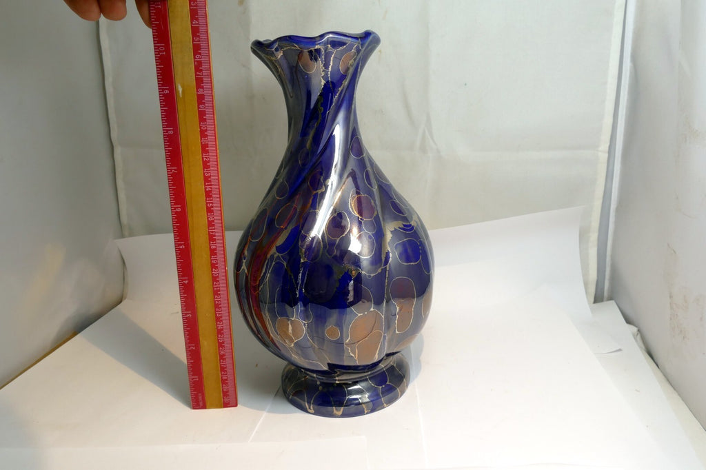 Blue Luster  Vase With Gold Oil Spot Design Glass 10" high Vase