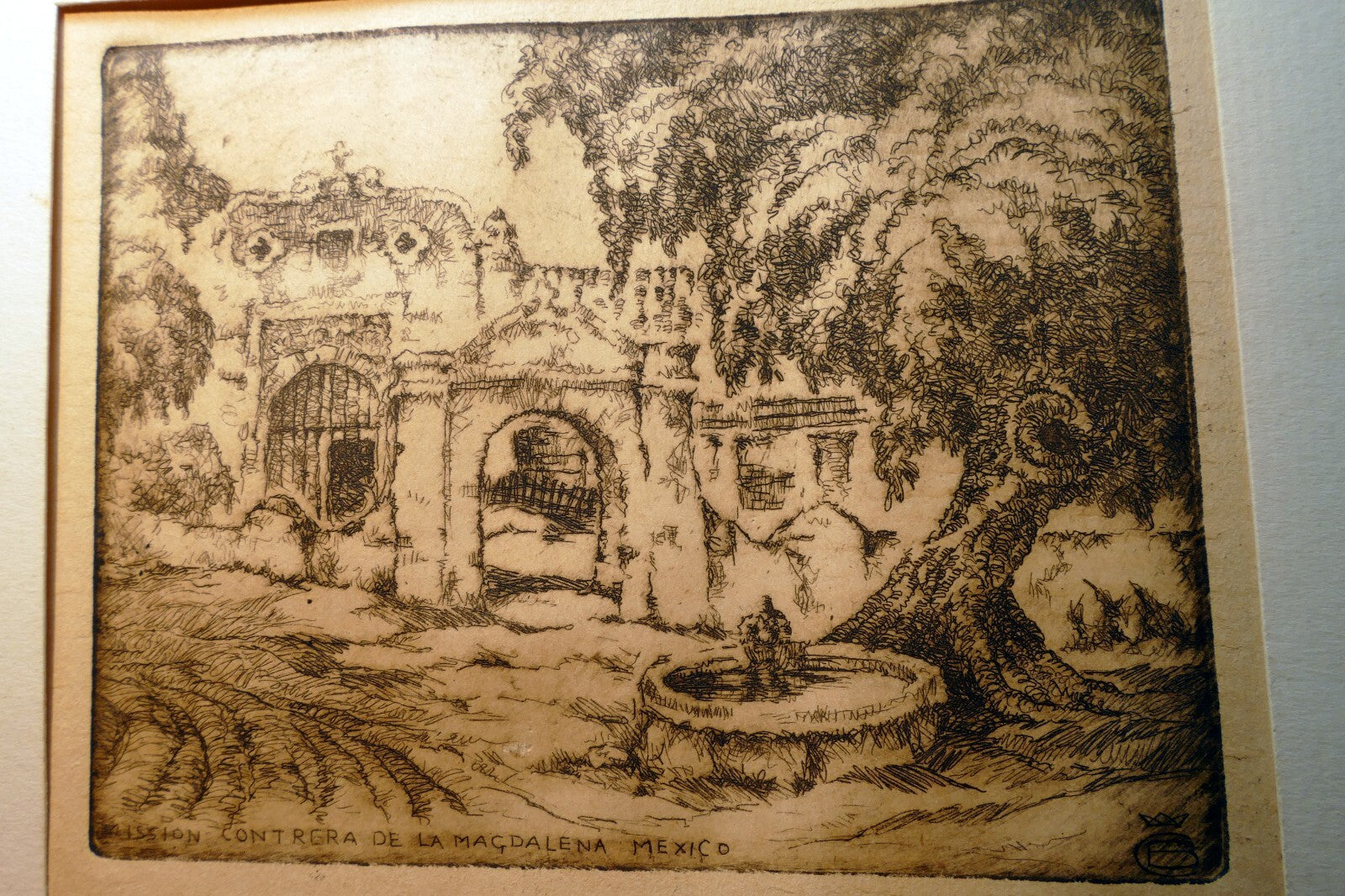 Mission Contrera de la Magdalena, Mexico Signed Etching 1900's  Stefan Bunyitay
