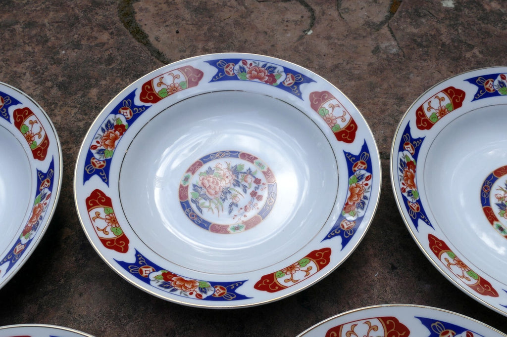 5 TTC China 8" Round SOUP Plate Gold trim TTN1 Red-Blue Floral made in Japan